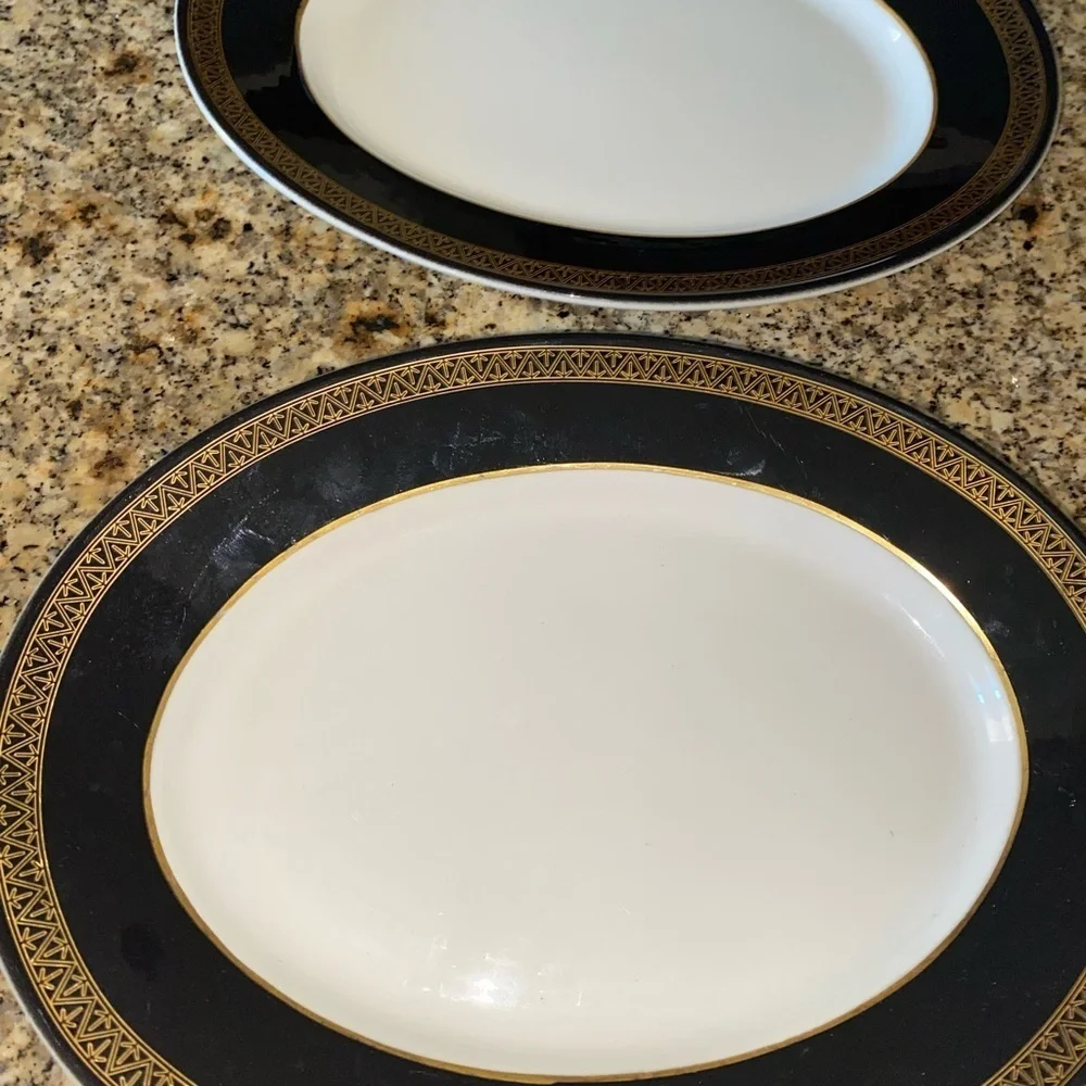 2 Mid Century Modern Shenango China Grecian Gold Black Band Oval Plates 12”x 9.5